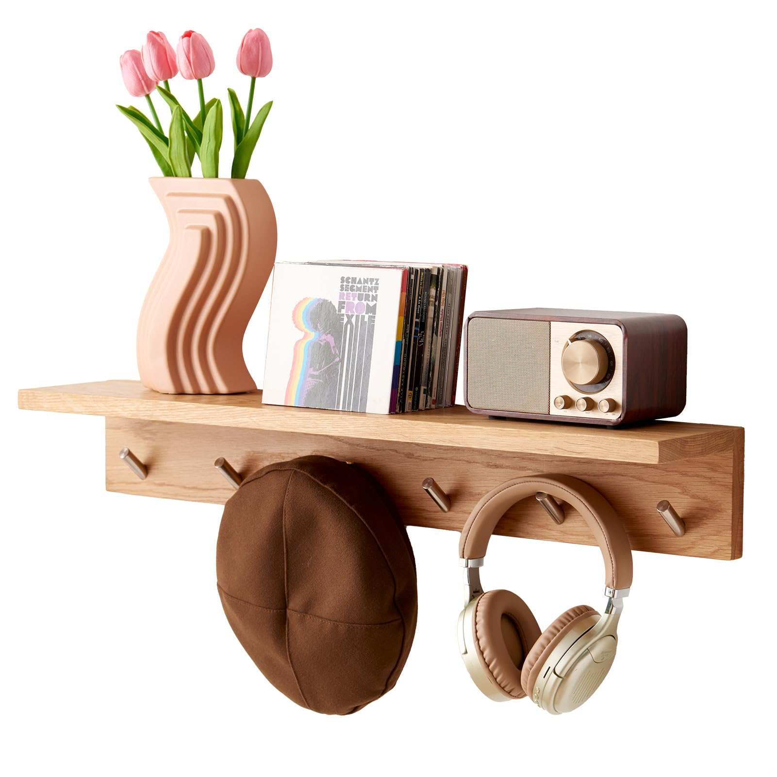 Photo 1 of Oak Wood Wall Shelf with 6 Hooks, Entryway Shelf Coat Rack with Hooks Floating Shelves with Hooks for Clothes Hats Towel Purse Robes, Bathroom Mudroom Bedroom (27.5 inch)