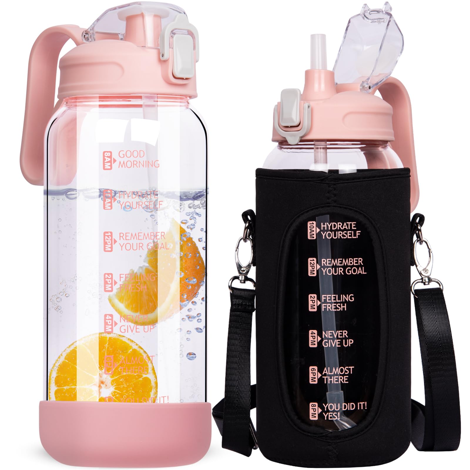 DEARRAY 2 Litre Glass Water Bottle With Straw & Time Markings - Large Leakproof Motivational Drinking Bottle, Big Pitcher Jug With Lid, BPA Free Carafe