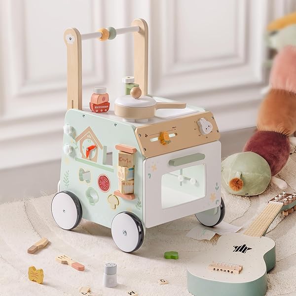 ROBOTIME BABY WALKER PUSH TOY, ADJUSTABLE HEIGHT & SPEED, PREVENTS BOW LEGS, SPRING GARDEN ACTIVITY CENTER WITH CLOCK, SHAPE SORTER, PLAY KITCHEN, AND SINK, IDEAL TODDLER WALKING TOY FOR 10+ MONTHS