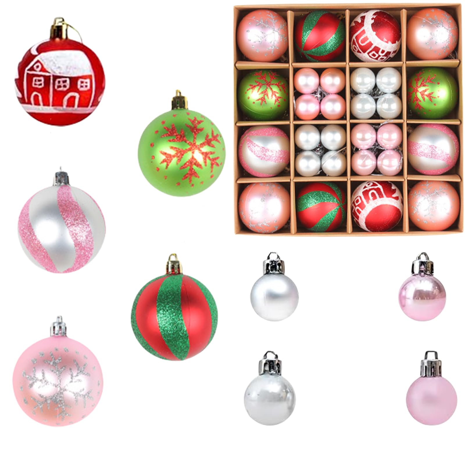 44pcs Christmas Tree Decorations - Pink Baubles Xmas Ball Ornaments 3cm 6cm Mini Hanging Ball Plastic Bulbs for Tree, Home Party, Wedding Decor