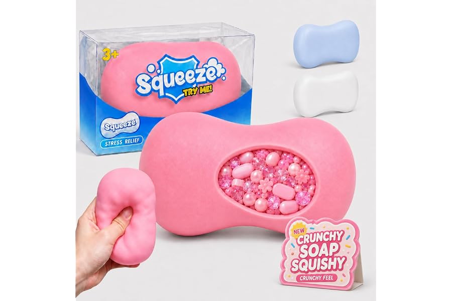 Crunchy Soap Squishy ASMR Toy, Soft Squeeze Fidget Toy with Satisfying Crunchy Texture, Soap Shaped Stress Relief Toy with Gift Box, Fun Novelty Gift for Kids Teens Adults(Pink)