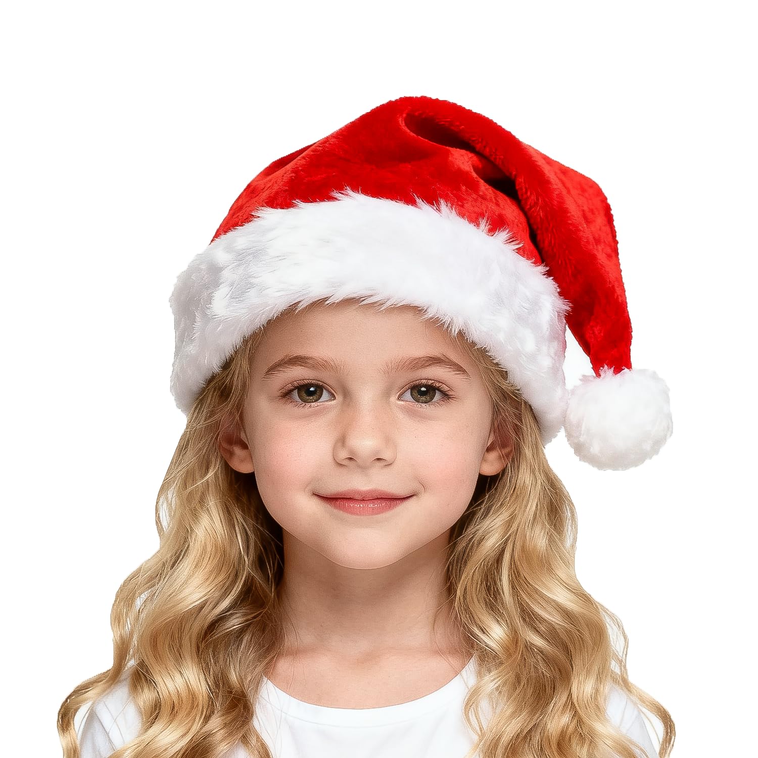SULOLI Santa Hat Kids,1 Piece Soft Plush Xmas Santa Hat for kids with Thicken Classic Fur for Christmas Costume Party Supplies（for Age 3-5）