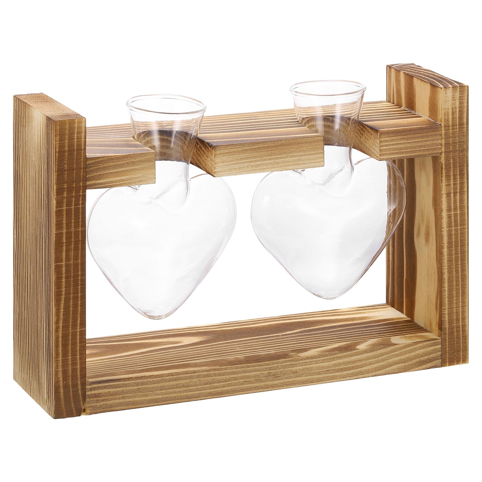 PATIKIL Propagation Vases for Plants with Wooden Stand, Heart Shaped Glass Vase for Home Office Decor Housewarming Gifts, Wood Color (2 Bulb)