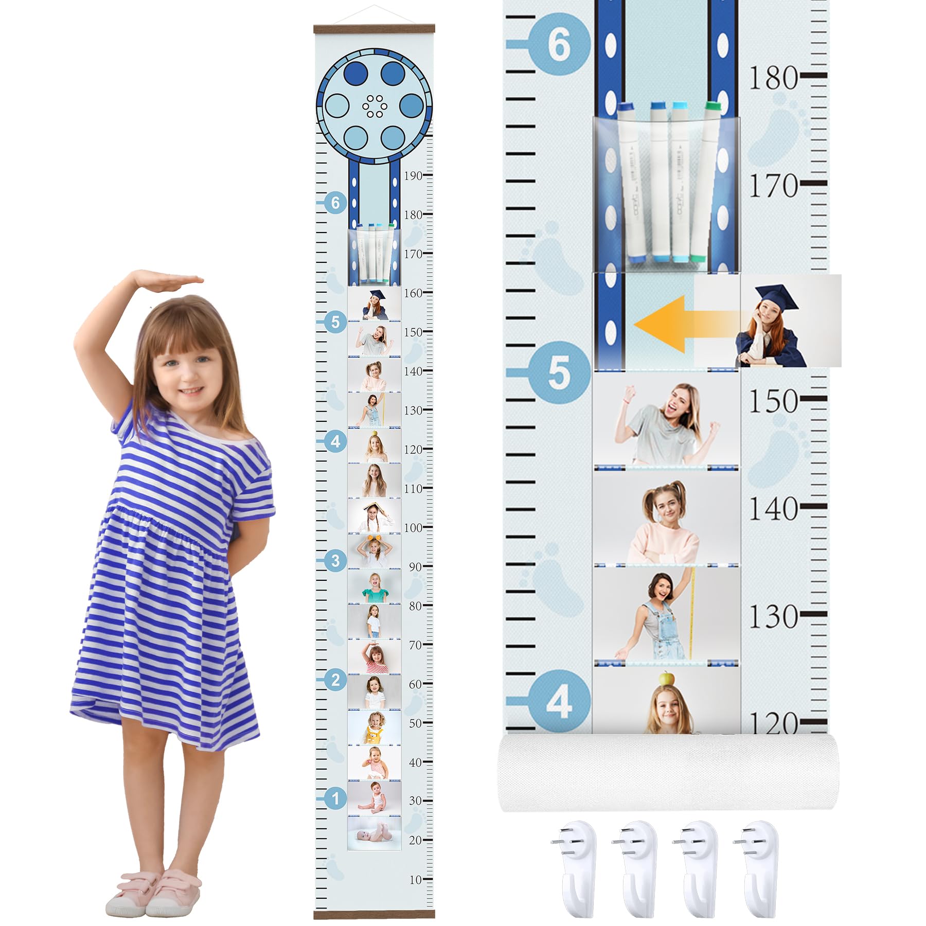 Photo 1 of Projector Growth Chart for Kids with Picture Frames, Height Measurement Ruler Milestone Markers, Foldable Kids Height Wall Chart, Birthday Keepsake Gift for Toddler Boy Girl Room Wall Decor (Blue)
