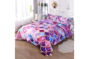 DECMAY Twin Bedding Sets for Girls Twin Size Comforter 3D Mermaid Scale Comforter Set 3 Pieces Kids Girls Bedding for All Season