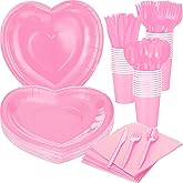FoldTier 216 Pcs Valentines Pink Heart Paper Plates and Napkins 36 Guests Valentines Day Disposable Tableware Party Supplies Includes Paper Plates Cups Napkins Plastic Knives Forks and Spoons Bulk