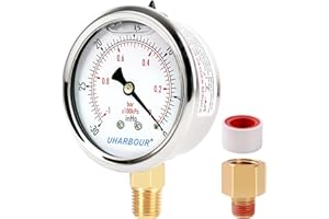 UHARBOUR Glycerin Filled Vacuum Pressure Gauge, 2-1/2" Clear dial,1/4" NPT Bottom Connection, Stainless Steel Case, Brass Movement, Dual Scales -30inHg/-1BAR-0