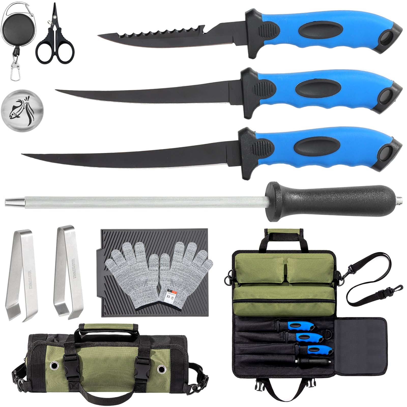 Photo 1 of GPUSFAK 10 Pieces Fillet Set, Stainless Bait Knife With Sharpening Rod and Sheath, Professional Filleting Boning for Meat Blue