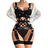Bigary Womens Cutout Strappy Garter Underwire Babydoll Bodysuits