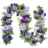 Kisflower 3Pack Artificial Rose Flower Garland, 23.7FT Fake Vines Silk Flowers Hanging Rose Ivy for Wedding Arch Decorations Room Party Home Garden Hotel Office Wall Decor (Purple)