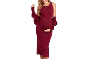 V FOR CITY Maternity Dress Baby Shower Dress 2 Piece Sets Sweater Dresses Postpartum Tank Slit Cropped Cardigan Long Sleeve