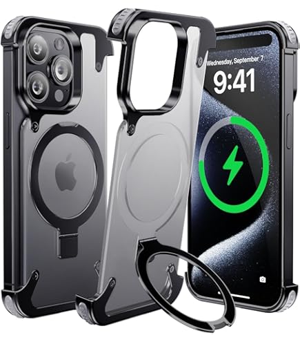 Case For IPhone 15 Pro Max Aluminum Metal Cover With Magnetic Ring 360° Rotating Kickstand - Slim Frameless Design, 4 Corner Drop Protection, Compatible With MagSafe & Adjustable Phone Stand (Silver