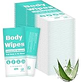 Individually Wrapped Body Wipes Bulk Bath Wipe, Women Men Large Adult Disposable Body Shower Wipes No Rinse-Free Bathing Cloths Wipe for Outdoors After Gym Camping Travel (50, Blue, 12 x 10.3 in)