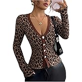 SOLY HUX Women's Leopard Cardigan Sweater Cheetah Print Button Down V Neck Long Sleeve Knit Going Out Tops Fall Clothes