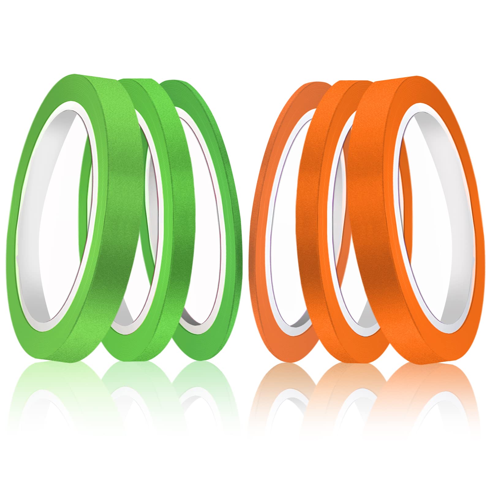 6 Rolls Fine Line Tapes, 1/8, 1/4, 1/2 Inch Wide Fine line Masking Tape Colored Painters Tape Thin for Automotive Car School Office DIY Projects (Green, Orange)