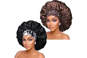 ISSHIN BEAUTY Silk Satin Bonnet Hair Cap: 2pcs 17inch Diameter Extra Large Jumbo Sleeping Satin Bonnets with Comfortable Flower Band - High Density Satin Bonnets for Women Braids Curly Night Cap（Black & Coffee）
