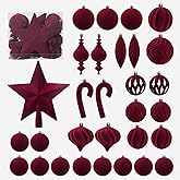 Velvet Christmas Ornaments Ball Set, 30 Pcs Burgundy Christmas Tree Shatterproof Hanging Ornaments for Dark Red Xmas Holiday Home Party Decor