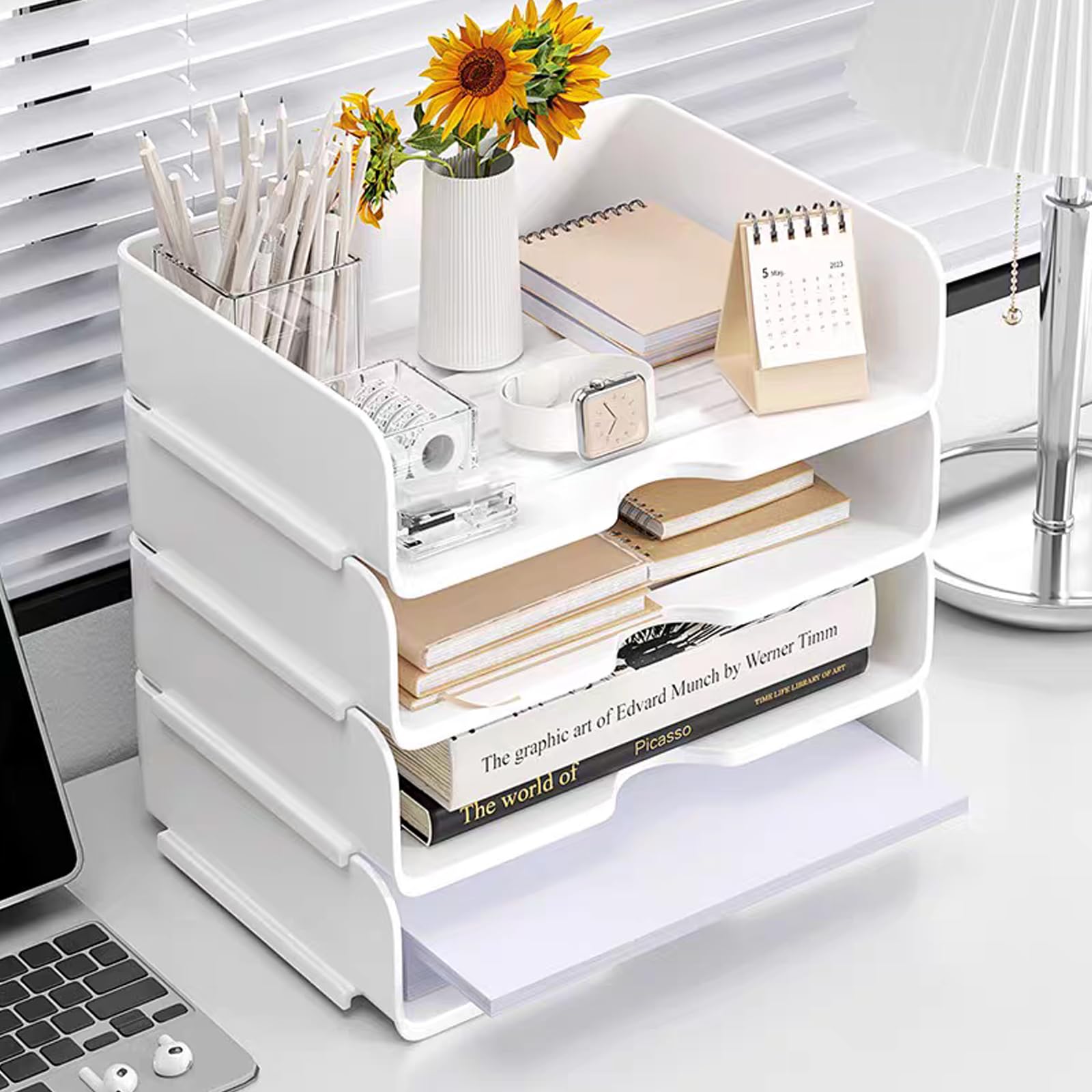 Desk Organiser and Storage, 4-Tier Paper Letter Tray Organiser, Stackable White Desktop Organiser, Storage Compartments, Stackable Order for Documents, Paper, Book Magazine Storage, Office Supplies