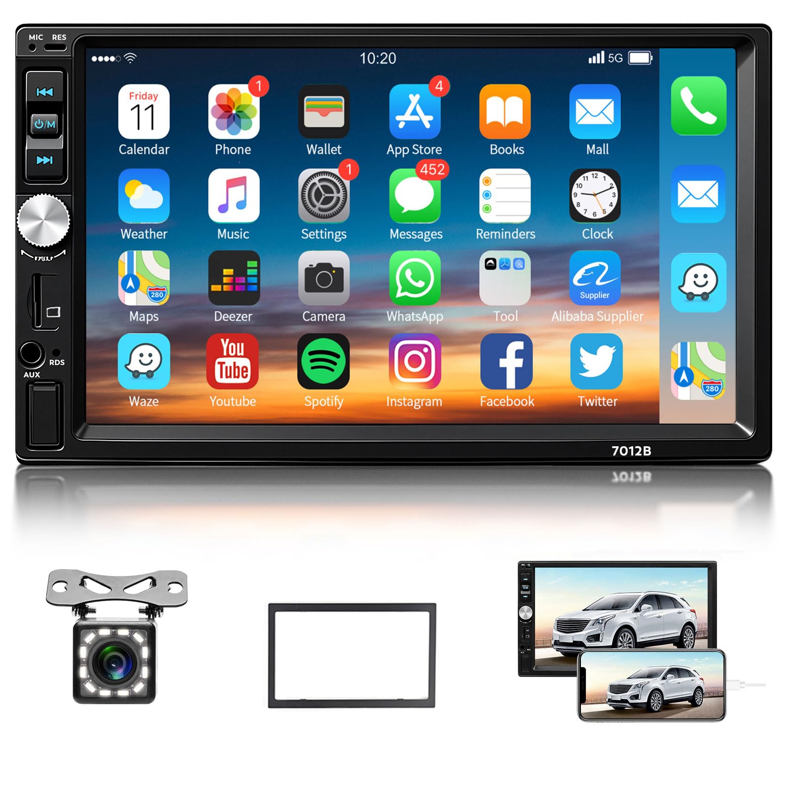 Car Radio Double DIN Digital Media Car Radio Bluetooth with 7 Inch Touchscreen Supports Hands- Calling, Mirror Link, Steering Wheel Control, Car Radio with Reversing Camera / FM / USB / AUX / TF Input