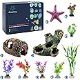GreenJoy Aquarium Decorations Fish-Tank Accessories Plants - Fish Tank Decor Kit with Artificial Plants and Hideouts Ornaments