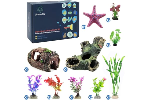 14 Pack Aquarium Aquatic Fish Tank Decorations Decor Set with Wood Cave, Tree Trunk Barrel Hideouts, Artificial Plastic Plant