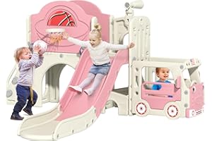 NYEEKOY 9 in 1 Toddler Slide, Bus-Themed Kids Slide and Climber Playset with Basketball Hoop, Ring-Toss, Car Playhouse, Telescope, Freestanding Indoor and Outdoor Playground for Baby Age 3+