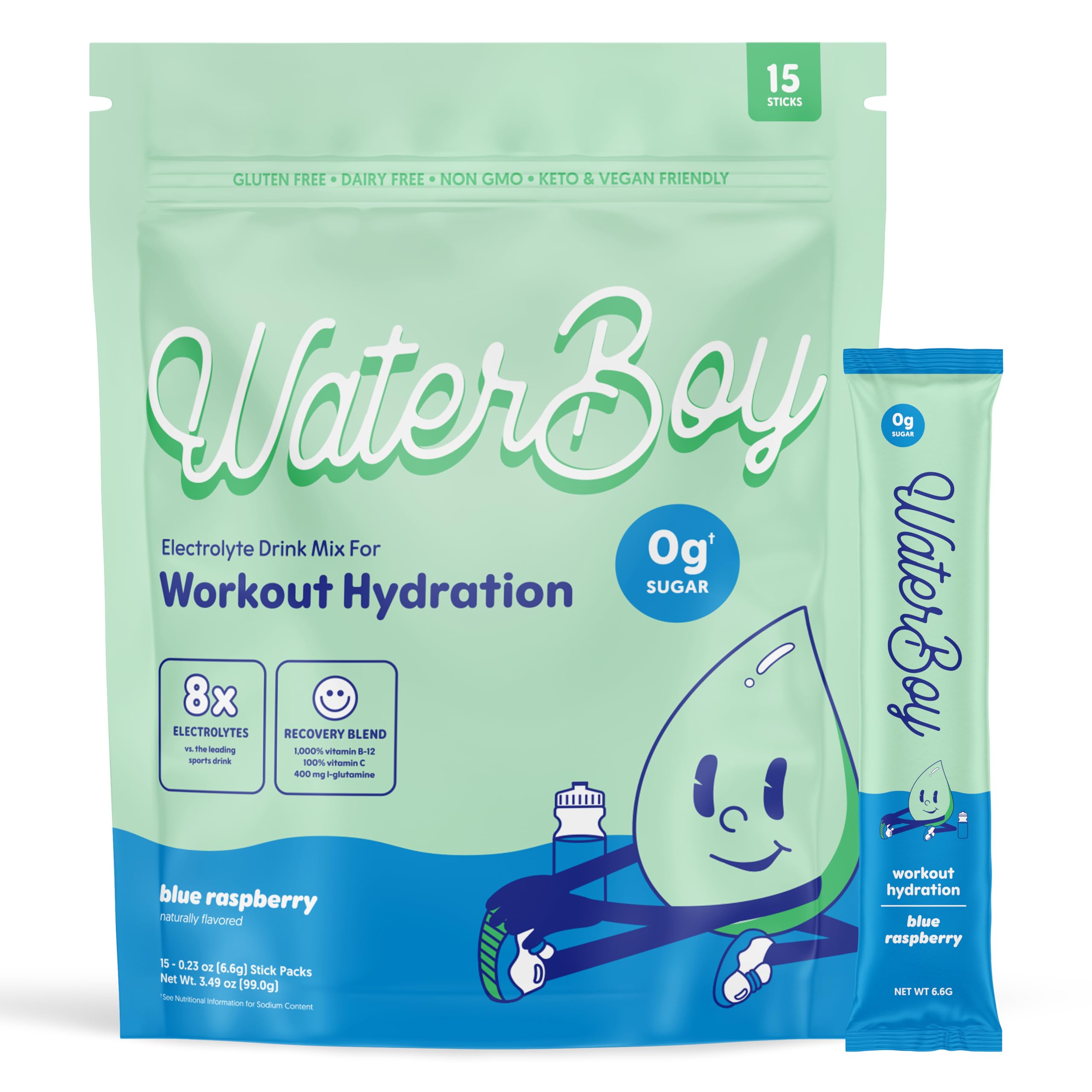 Waterboy Workout Hydration | 2,960mg Sugar Free Electrolyte Powder Packets | L-Glutamine + Vitamins | No Sugar, All Natural, Gluten Free | 15 Drink Stick Mixes (Blue Raspberry)