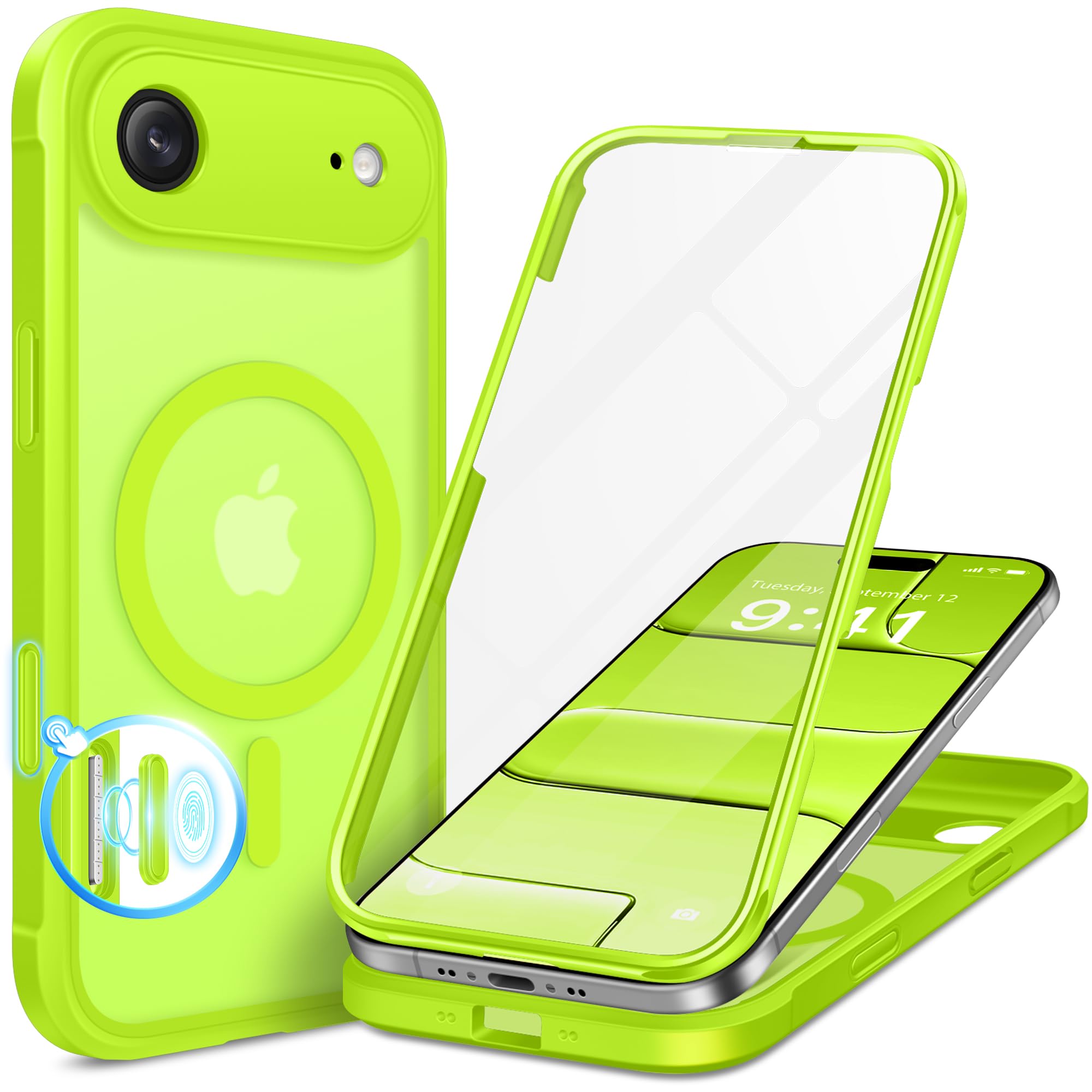 Photo 1 of BERFY for iPhone Air Case, Compatible with MagSafe, Built-in 9H Tempered Glass Screen Protector and Camera Protection, Full Body Shockproof Matte Phone Case for 17 Air 6.5", Bright Green
