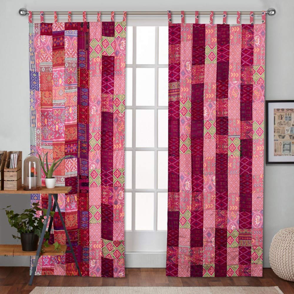 Sophia-Art 2 Pcs Set Indian Vintage Old Silk Sari Fabric Patchwork Handmade Door Window Rod Pocket Home Decor Panel Curtain Set (Pink Patch, 84"x42" Each Panel)