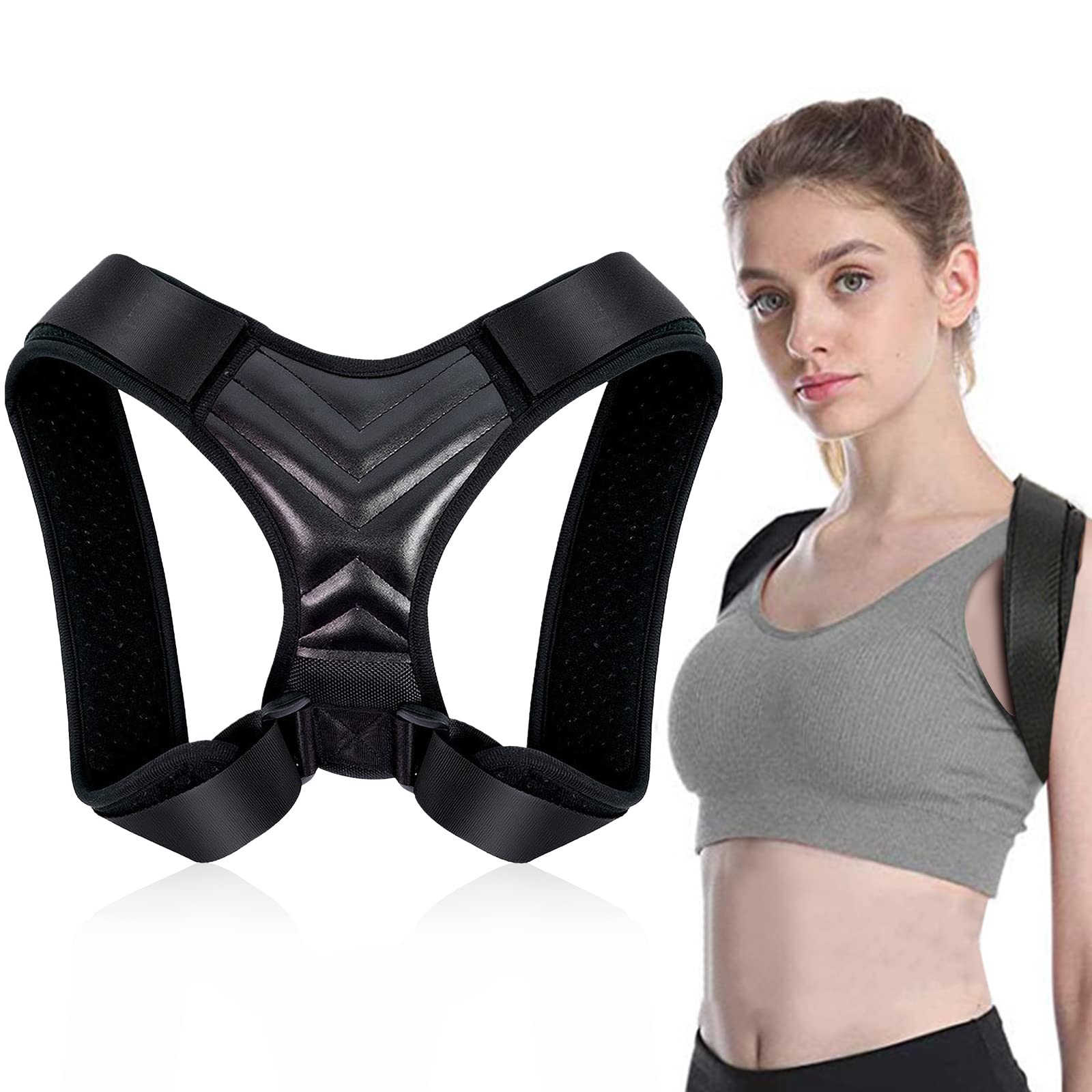 Sjnhuyz Posture Corrector, Adjustable Back Straightener Support Back Brace Relief on Neck, Back, Upper Back and Shoulder Pain for Women & Men, L(Black)