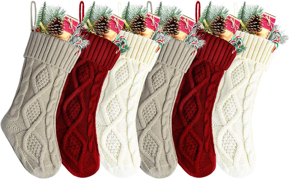 Stockings & Holders - Kunyida 14 Inches Burgundy, Ivory, Khaki Knitted Christmas Stockings,6 Pack