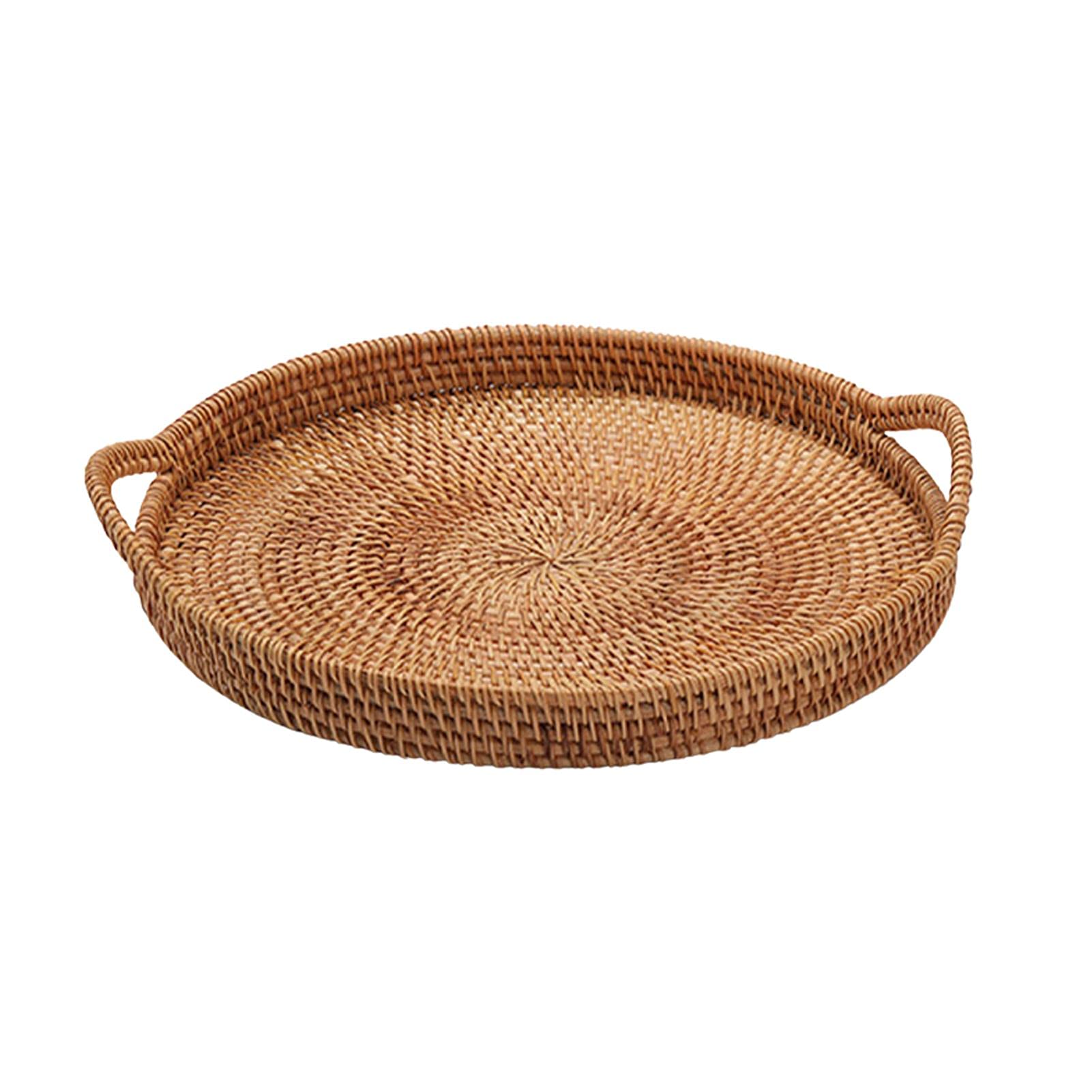 POHOVE Rattan Ottoman Tray Round Rattan Serving Tray Woven Wicker Serving Basket with Handles for Breakfast Drinks Snack Coffee Table Home Decorative
