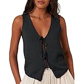 Women Sleeveless Knit Vest Top V Neck Open Front Tie Up Crochet Crop Top Casual Vintage Y2k Sweater