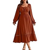 RWJ Women's Plus Size Fall Dresses Long Sleeve Square Neck Flowy Lace Trim Flutter Wedding Guest Party Casual Dress