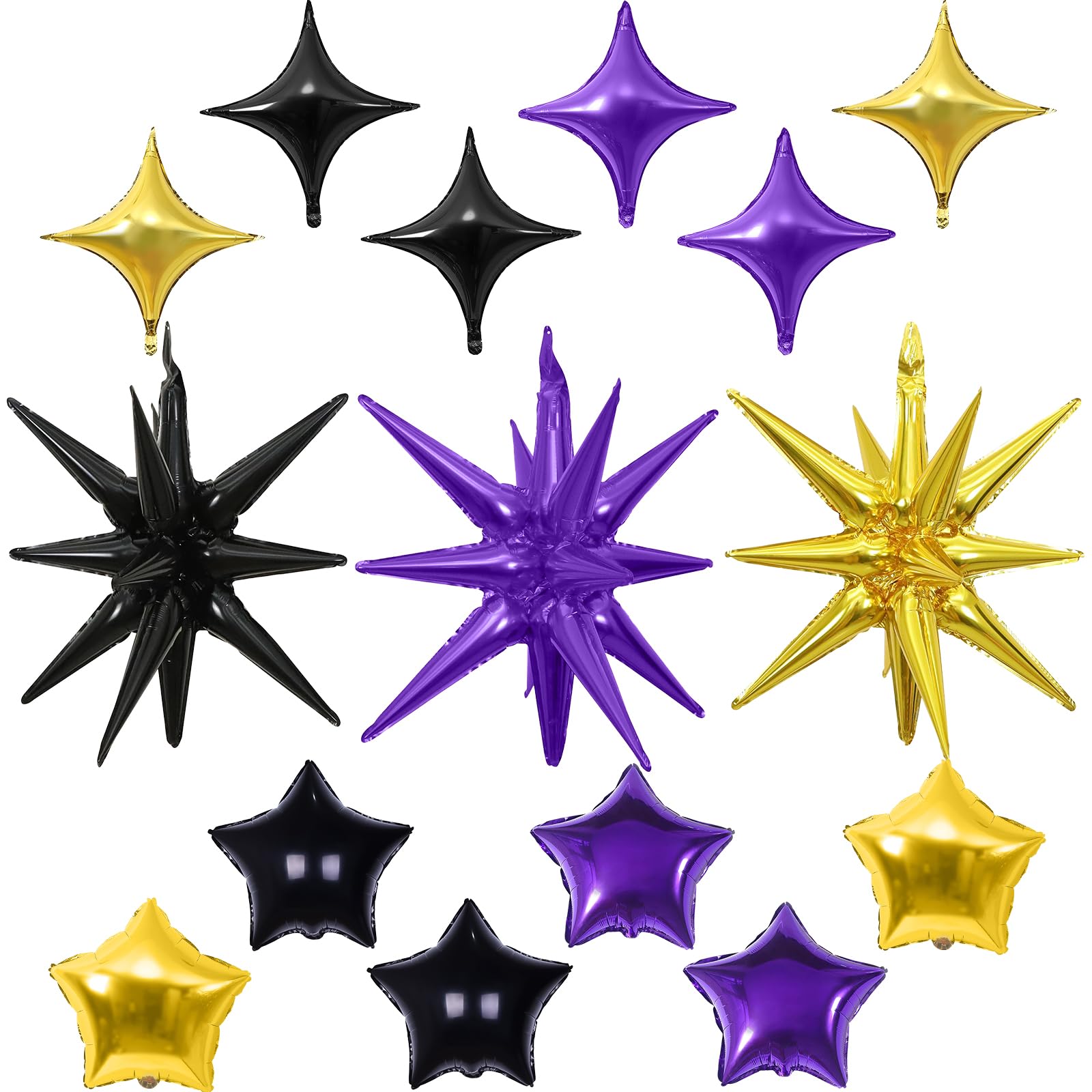 Froova Star Balloons, 22in Purple Black and Gold Star Balloons Foil 10in 4-Pointed & Pentagram Balloon for Graduation Halloween New Year Birthday Party Decorations