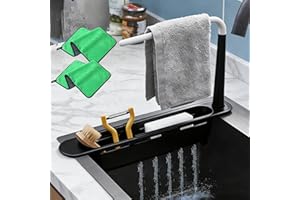 Updated Telescopic Sink Storage Rack, Adjustable Length Sink Rack Holder with Towel Hanger, Telescopic 2 in 1 Sink Caddy Stor