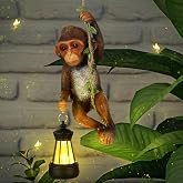 Rossesay Solar Light Outdoor Monkey Statue LED Lantern Baby Monkey | Chimpanzee Baby Monkey Climbing on Vine, Brown, 7.48 Inch, Resin, Waterproof, Hanging Figurine with Hook, Yard Garden Wall
