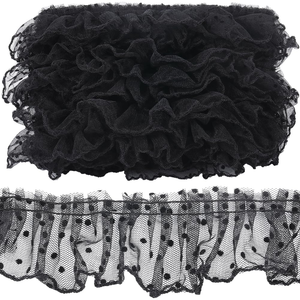 GORGECRAFT 10M Ruffled Lace Trim 6cm Wide Wavelet Dot Pleated Embroidered Mesh Lace Edge Ribbon Fabric Wedding Bridal Dress Appliques Edging Trimmings for DIY Sewing Clothes Curtains Decor Black