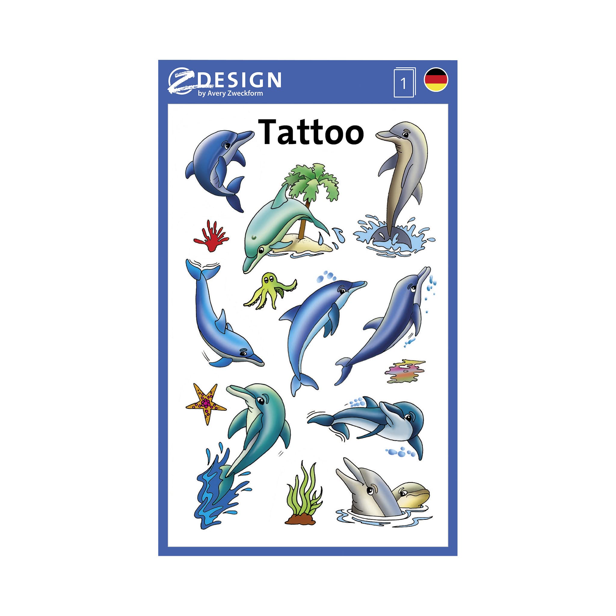 Avery Zweckform 56390 Children's Tattoos (Temporary Transfer Film, Dermatologically Tested) Pack of 11 13 Designs Delfine