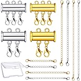 Junkin 12 Pieces Necklace Layering Clasp Multiple Necklace Connector Slide Clasp and Closures Multi Strand Slide Tube Separator Lock Connector for Women with Bracelet Chain Extender Box (Gold, Silver)