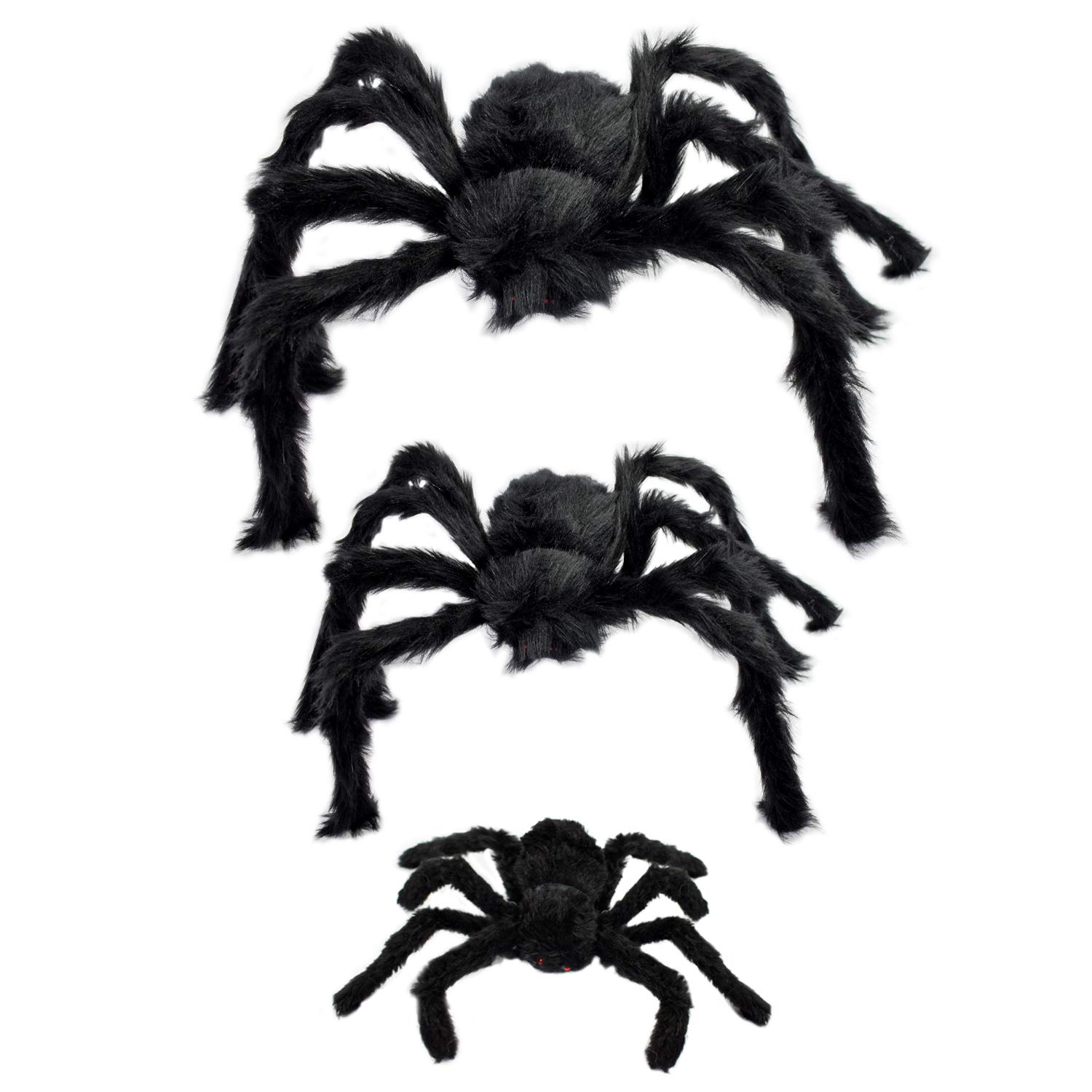 TRIXES 3 Black Spider Halloween Decorations - Hairy Furry Plush Spiders - Outdoor Party - Pranks for Adults - Haunted House Prop - Different Sizes - 3 PCS
