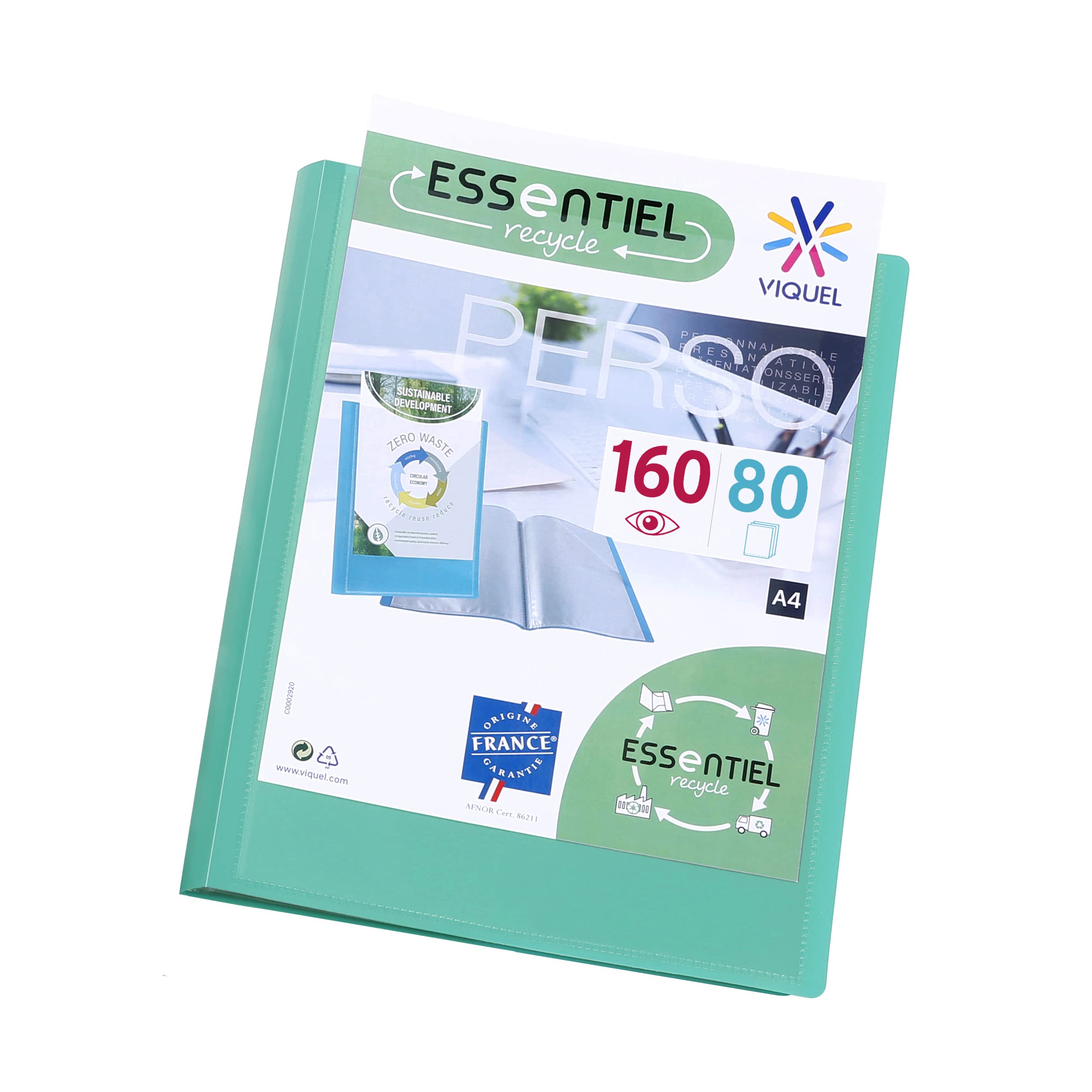 Viquel - A4 160 Pockets Display Book - Customisable Binding - Smooth Clear Pockets - Recycled Essential - Green