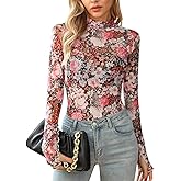 FLORENCE IISA Women's Floral Lace Mesh Long Sleeve Top, See Through Mock Neck Shirt, Sexy Party Going Out Sheer Tops