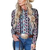 ChiyeeKiss Womens Aztec Pearl Snap Shirts Rodeo Western Show Tops Lapel Button Up Blouse Long Sleeve Cowgirl Tunic