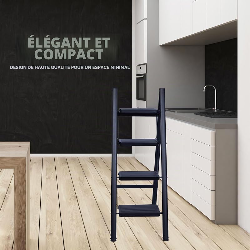 Escabeau Pliable 4 Marches, Échelle de Sécurité avec Pieds Antidérapants, Tabouret de Step Idéal pour Maison, Cuisine, Bureau, Ladders Design Compact et Durable (Noir, 4 Marches)