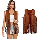 Women's Fringe Vest 60s 70s Hippie Vest Sleeveless Cowgirl Western Faux Suede Tassel Leather Jacket Hippie Party