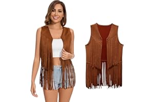 Women's Fringe Vest 60s 70s Hippie Vest Sleeveless Cowgirl Western Faux Suede Tassel Leather Jacket Hippie Party