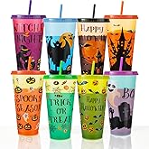 VoziSpace Halloween Decorations Color Changing Reusable Cups with Lids and Straws - 8 Pack 24 oz Plastic Tumblers Bulk with Lids and Straws - Reusable for Party Cups