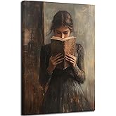 Framed Victorian Feminine Reading Canvas Wall Art Vintage Dark Academia Moody Books Poster Print Gothic Librariancore Nook Painting Picture for Book Lover Gifts Bedroom Gallery Wall Decor 12x16in
