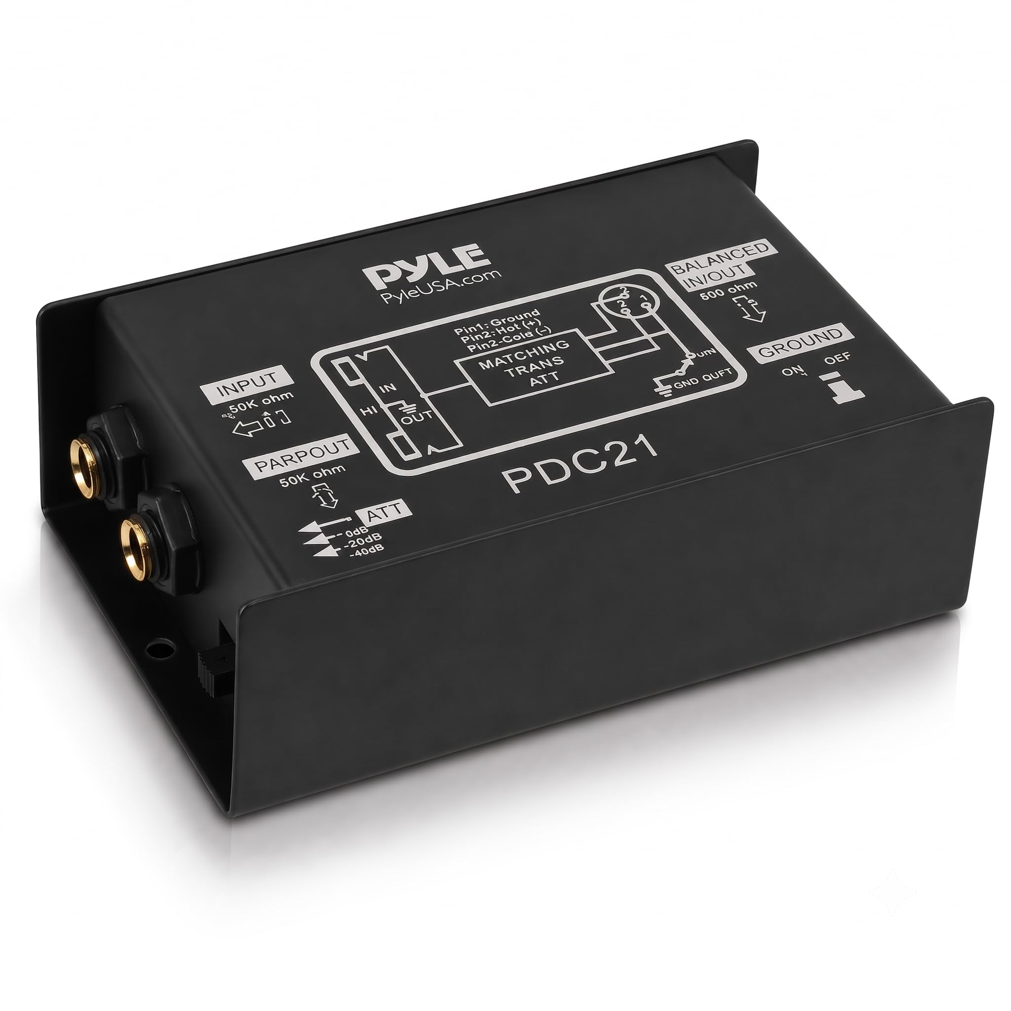 Pyle Premium Caja de audio de inyección directa - Eliminador de zumbidos de unidad DI pasiva de 2,36 x 4,09 con atenuador de entrada para conectar guitarra y bajo, conector de transformador de impedancia de 1/4 a XLR balanceado y desequilibrado